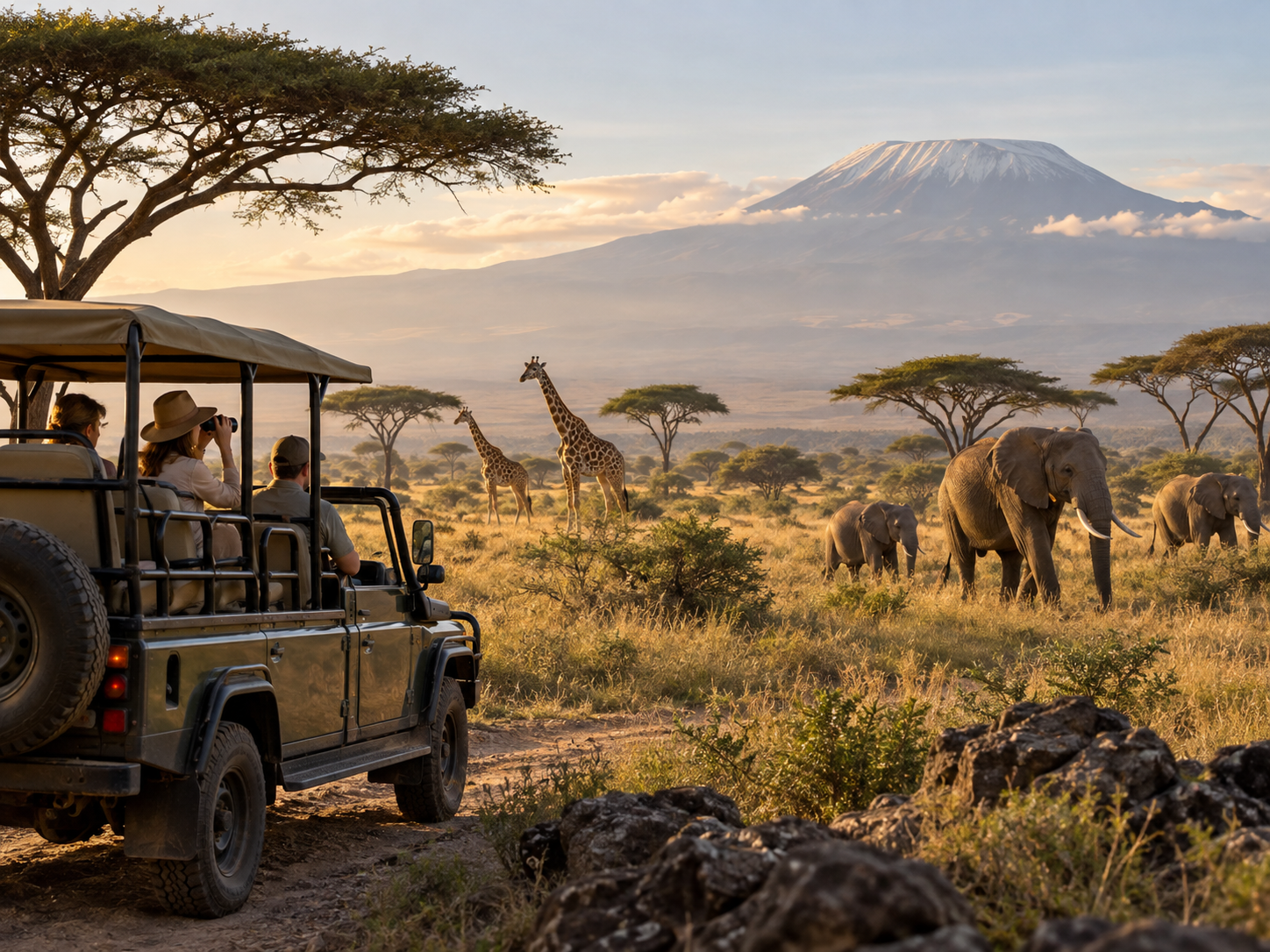 Safari vehicle with wildlife beneath Kilimanjaro