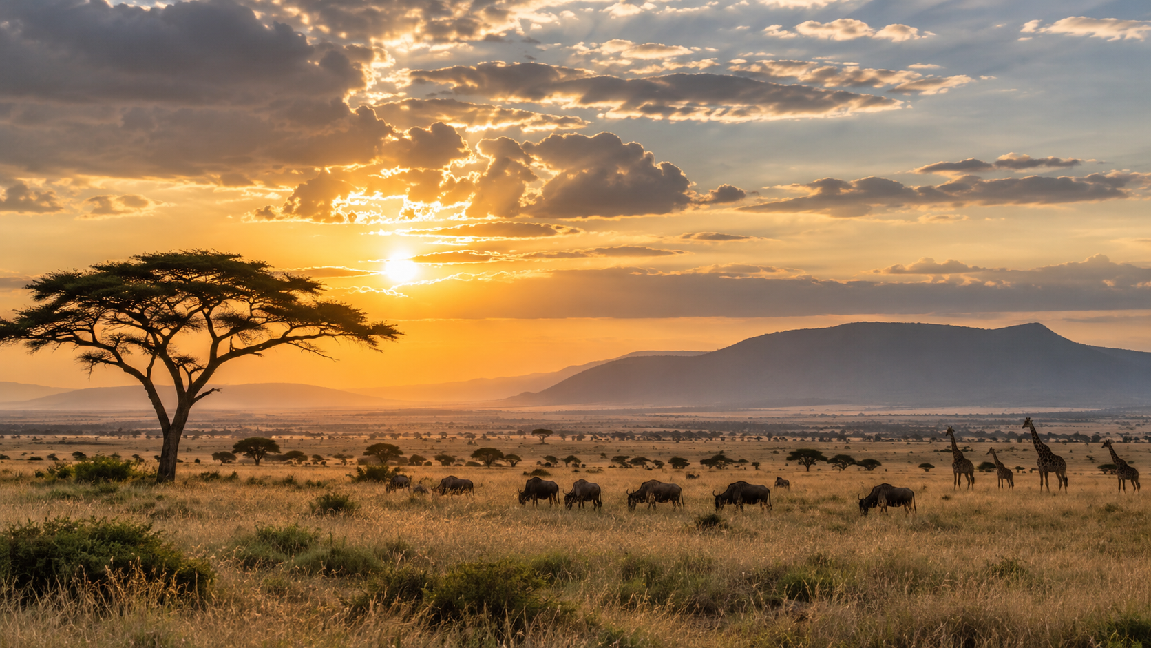 Golden savannah wildlife panorama